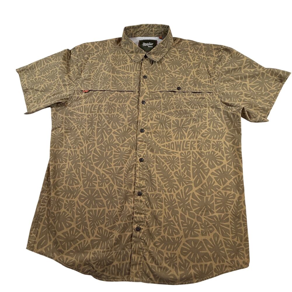 Howler Brothers Tidepool Tech Vent Shirt tan-colored tropical print Men’s Sz XL